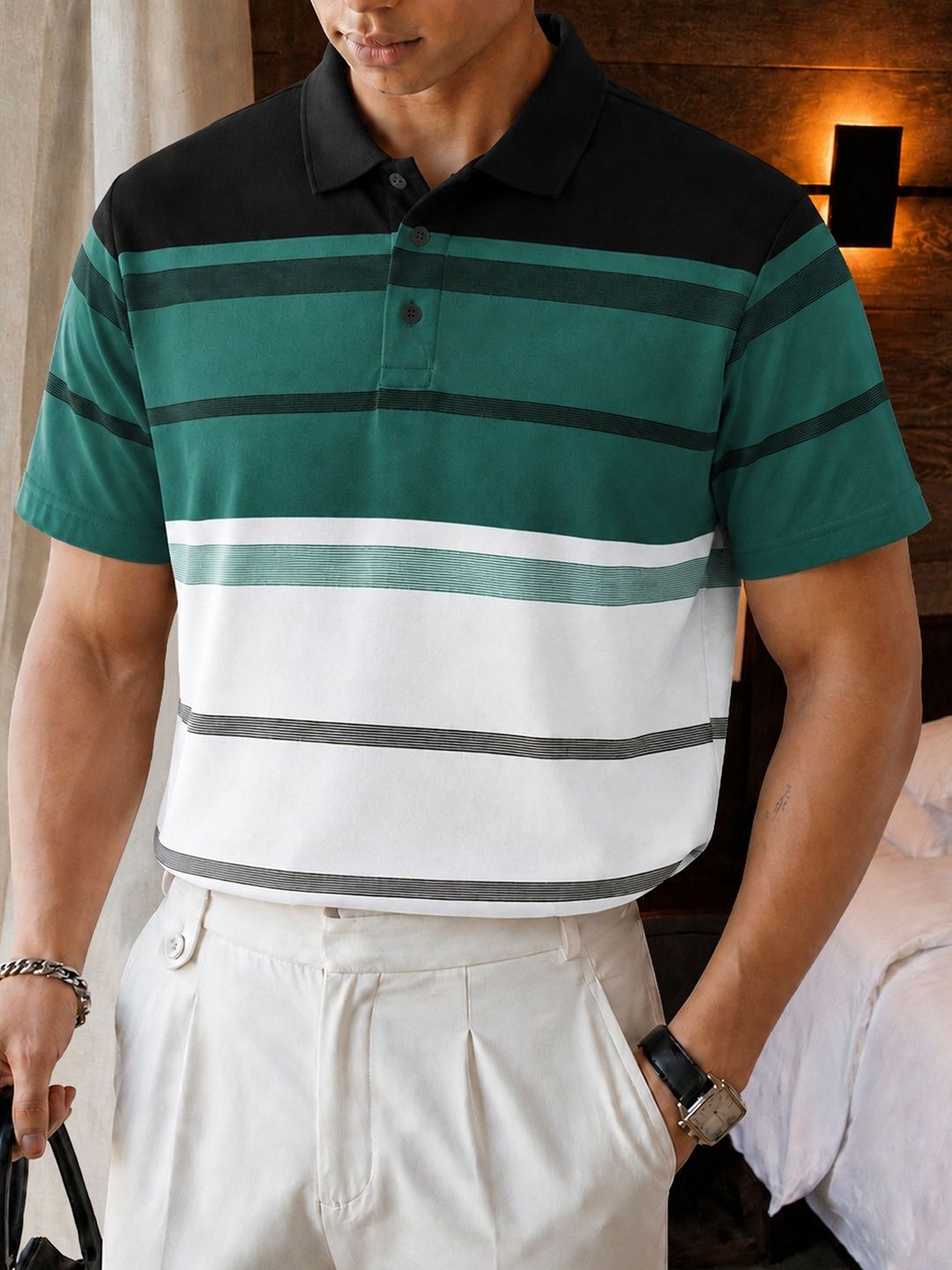 Eyebogler Men Striped Polo Collar T-shirt