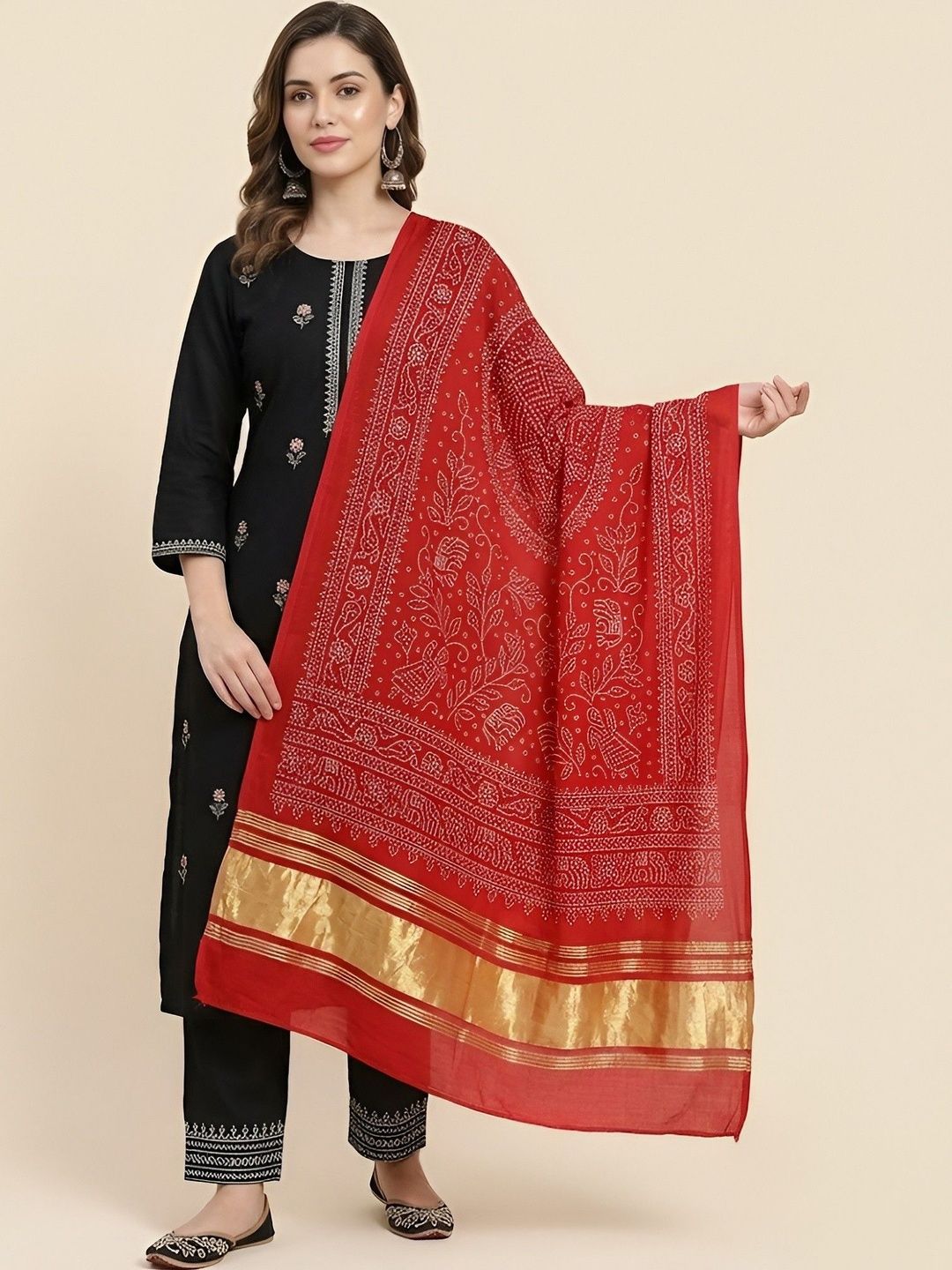 MUFFLY Woven Design Bandhani Dupatta with Zari