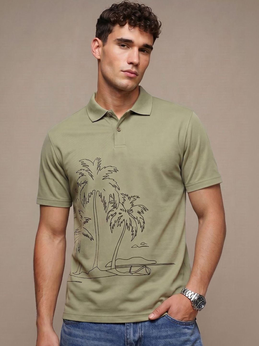 glitchez Men Printed Polo Collar Tropical T-shirt