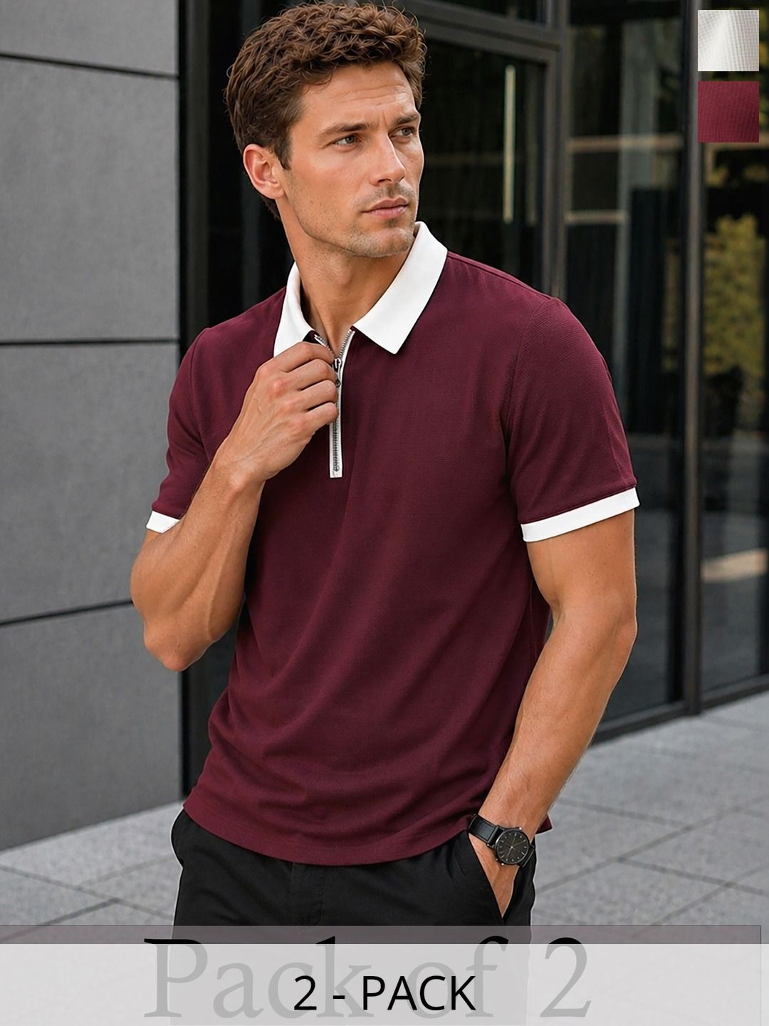 THE BEETEL HOUSE Pack Of 2 Solid Printed Regular Sleeves Polo Collar T-Shirts
