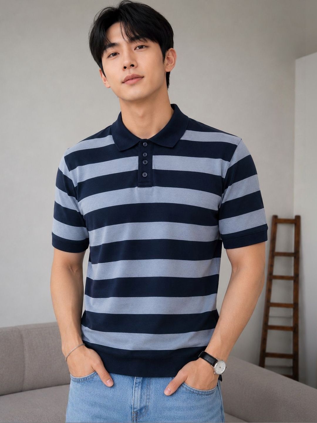 Moda Rapido Men Striped Polo Collar T-shirt