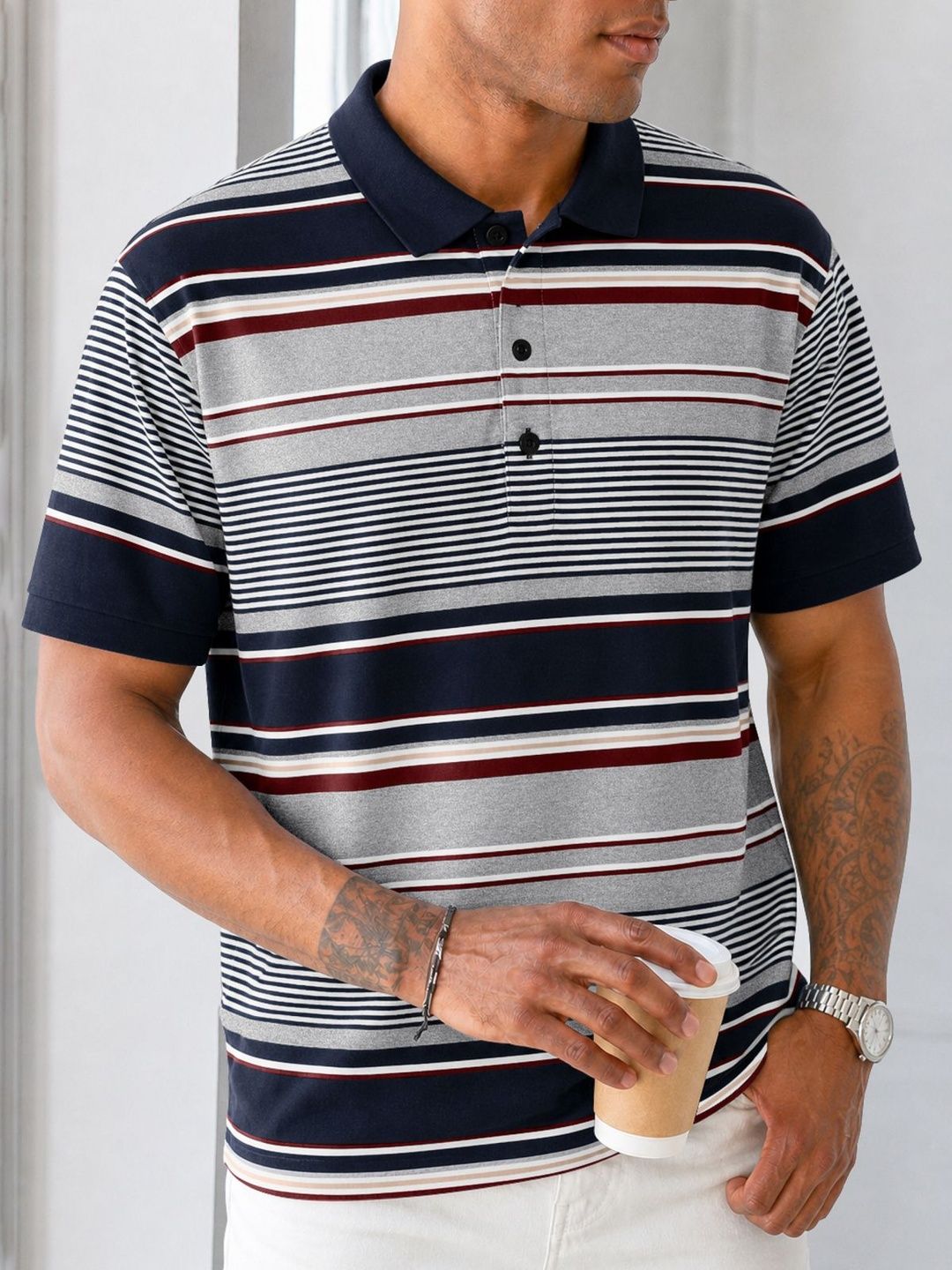 Eyebogler Men Striped Polo Collar T-shirt