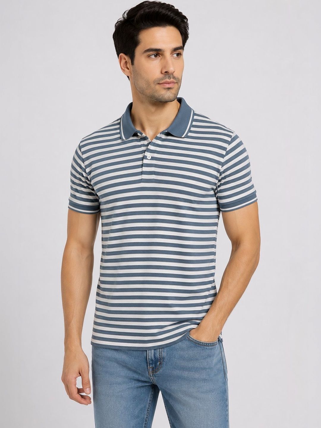 HERE&NOW Men Striped Polo Collar T-shirt
