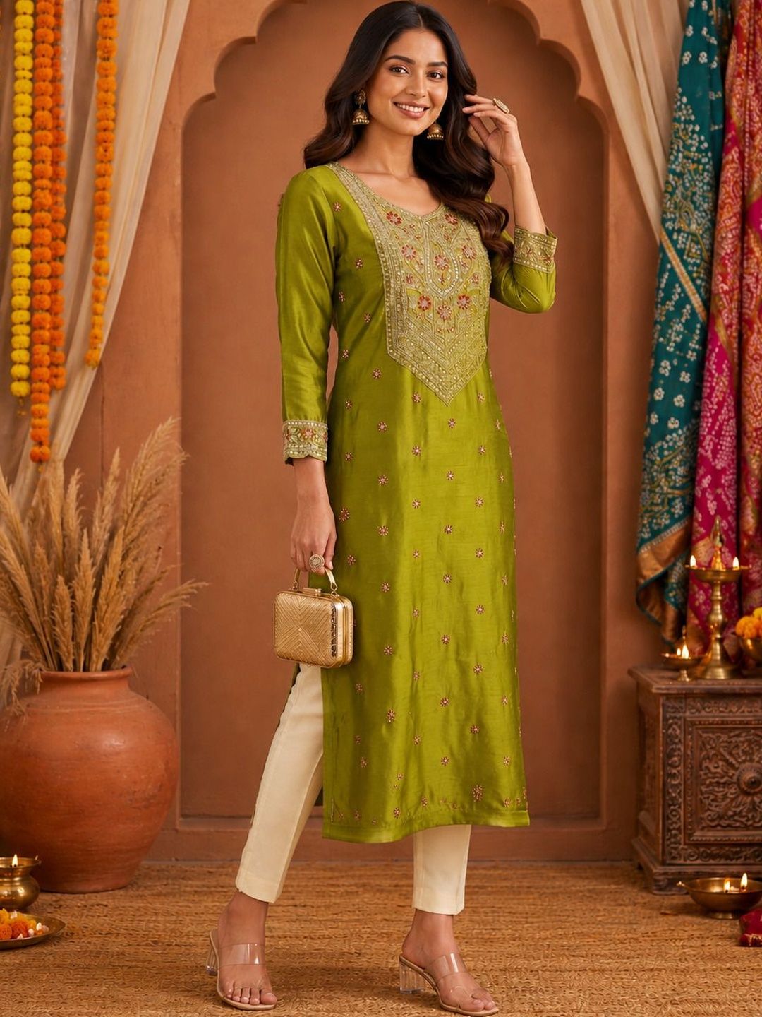 SHRI MAHAVEER RAJASTHANI SAREE Ethnic Motifs Embroidered V-Neck Kurti
