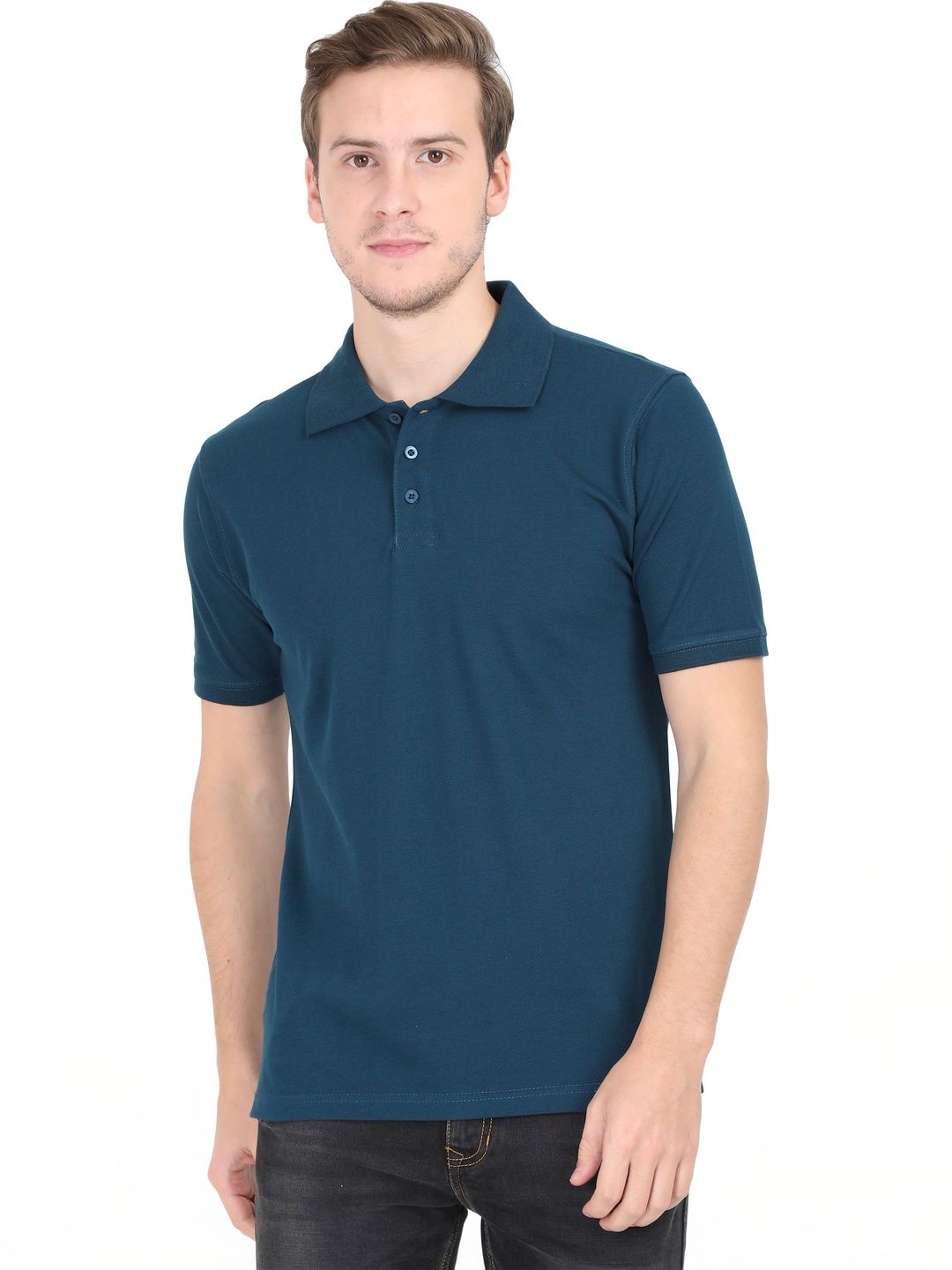 RSO Outfits  Men Petrol Blue Solid Cotton Polo Collar T-shirt