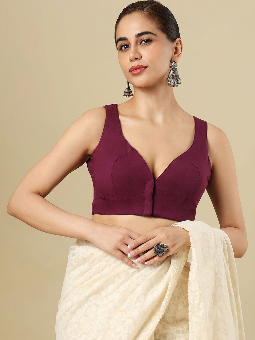Solid Saree Blouse SALWAR STUDIO Cotton Sweetheart Neck Padded Saree Blouse