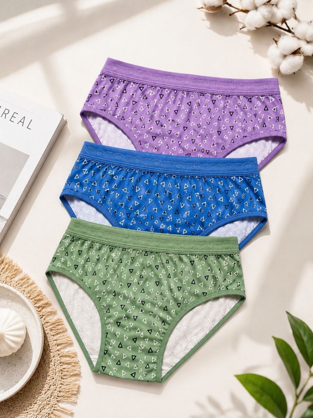 YUNEK Women Pack of 3 Printed Anti-Odour Assorted Basic Briefs