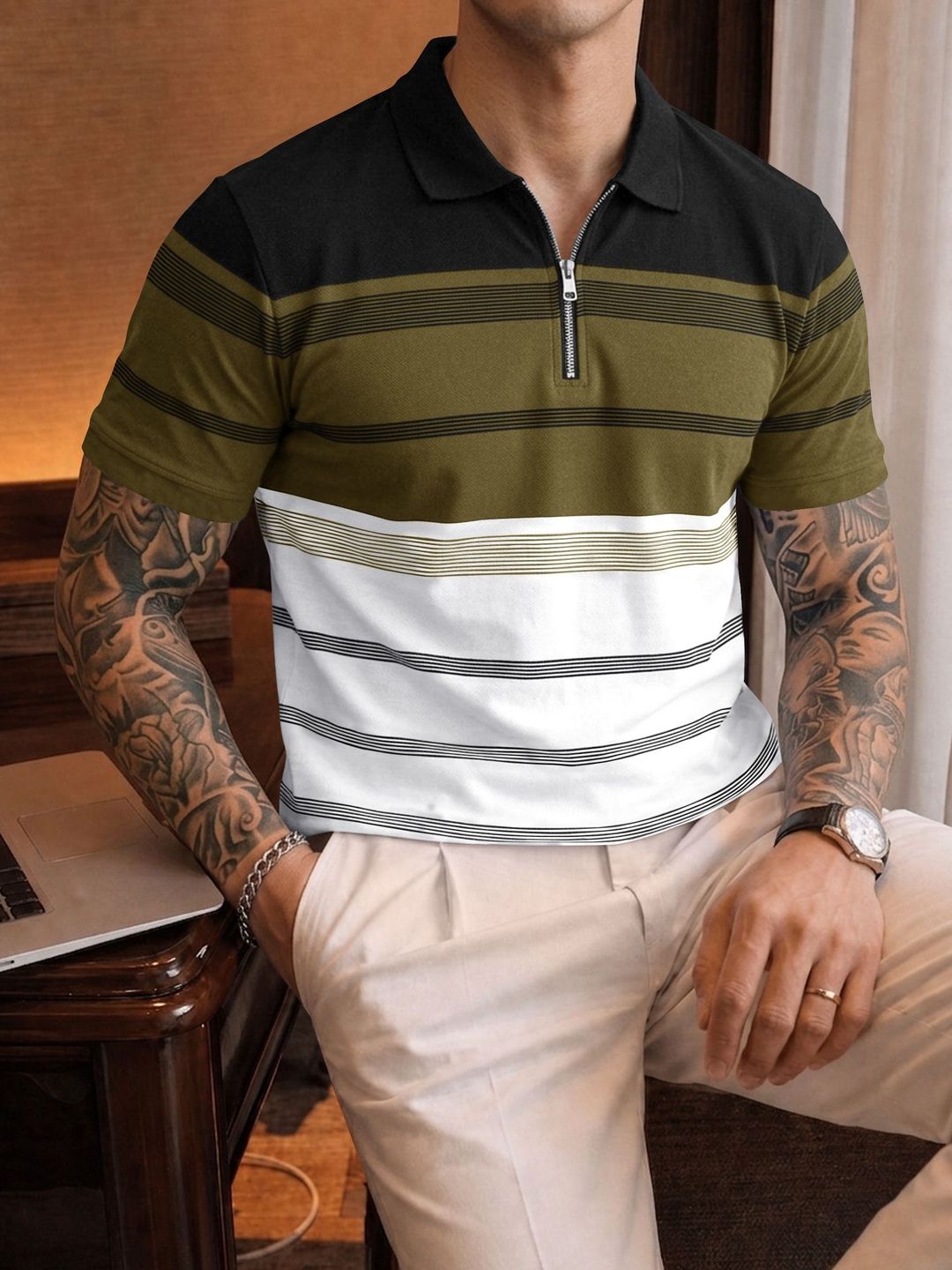 Eyebogler Men Striped Polo Collar T-shirt