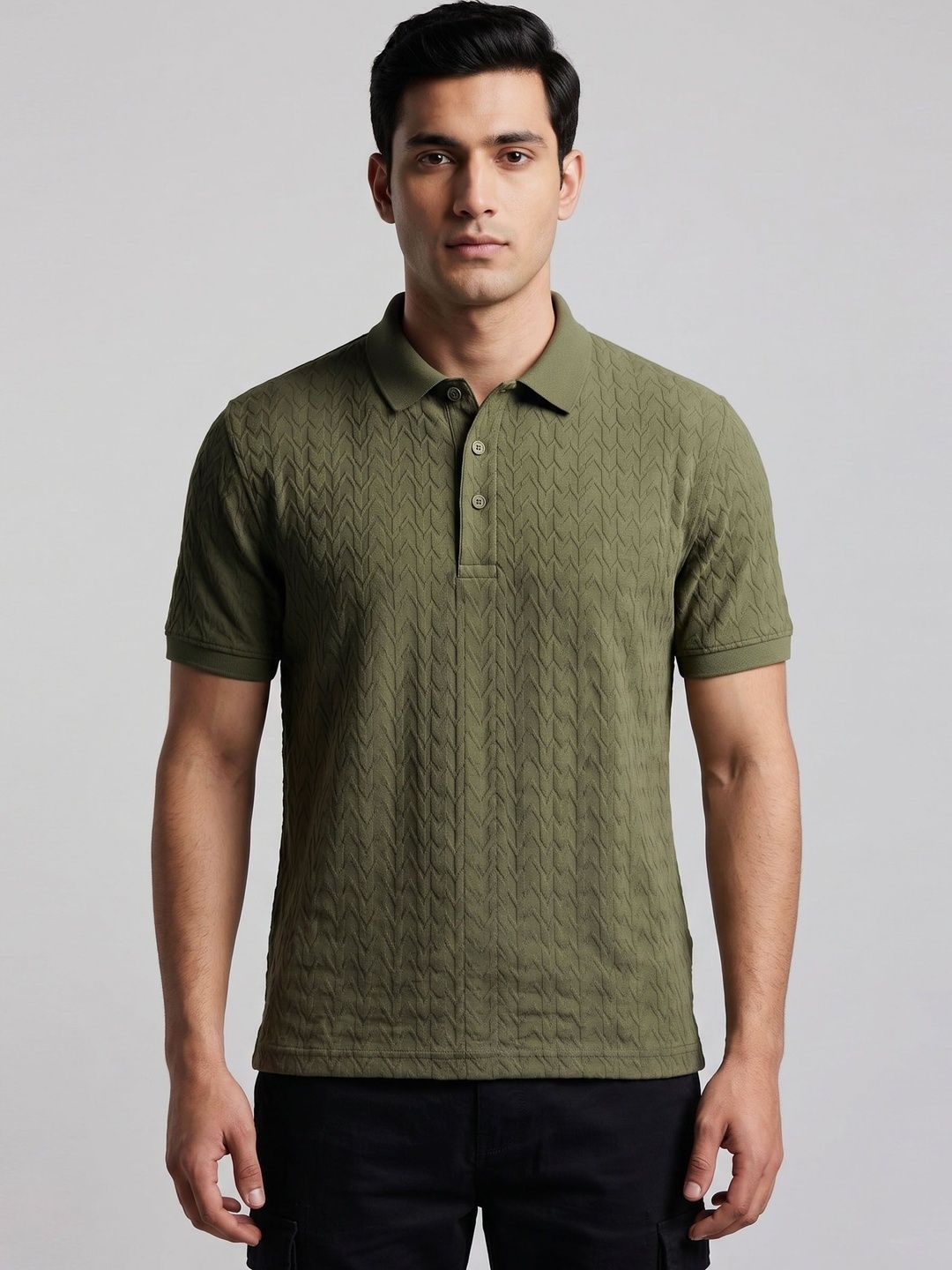 The Roadster Lifestyle Co Textured Pure Cotton Polo Collar Tshirt