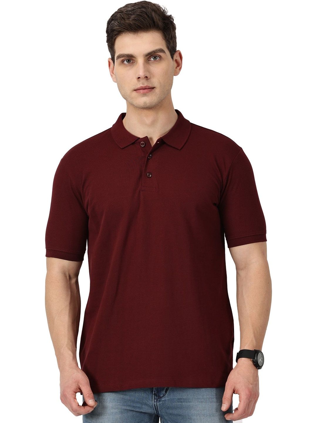 RSO Outfits Men Maroon Solid Cotton Polo Collar T-shirt