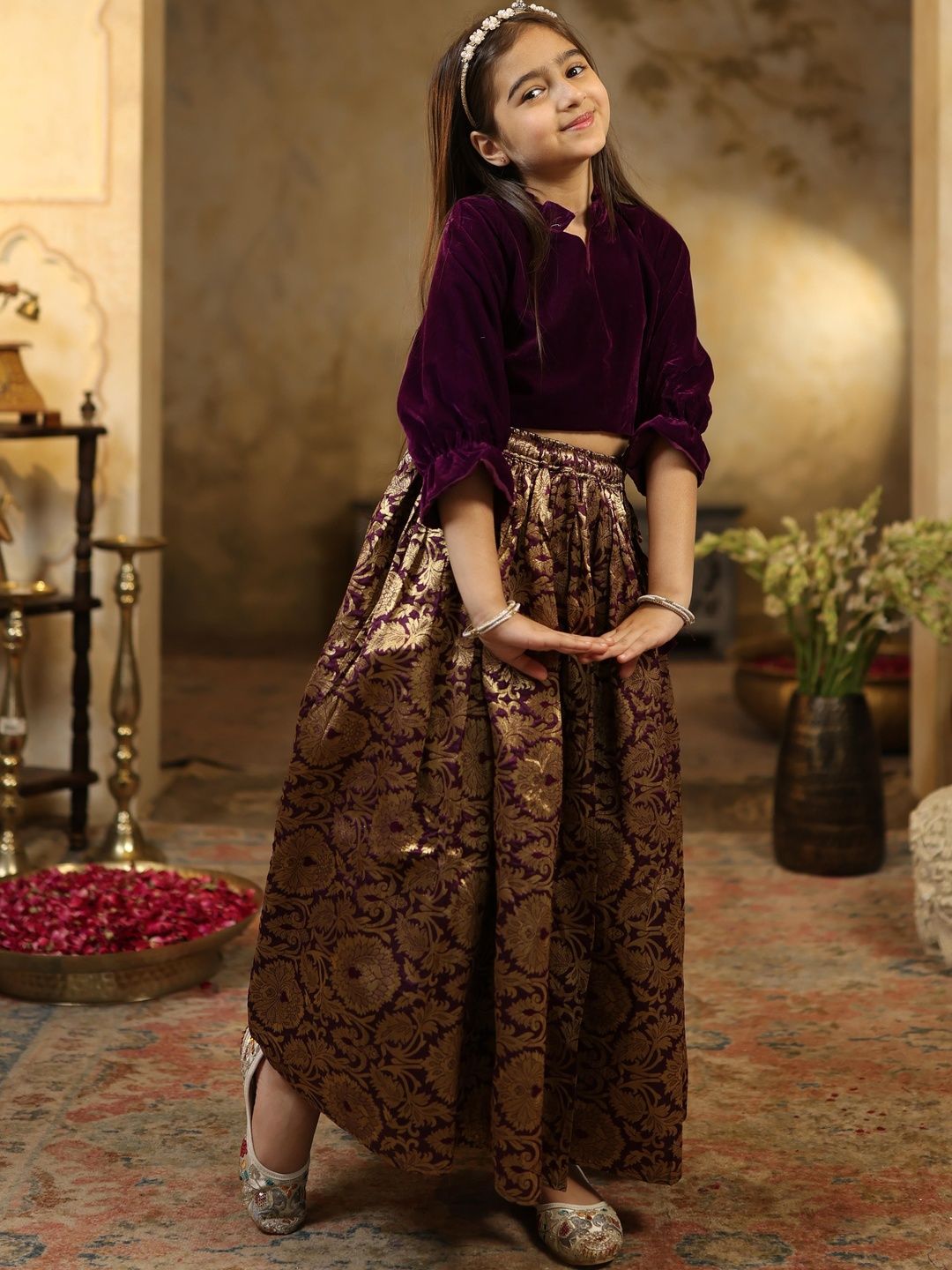House Of Pataudi Girls Ready To Wear Brocade High Low Top And Lehenga