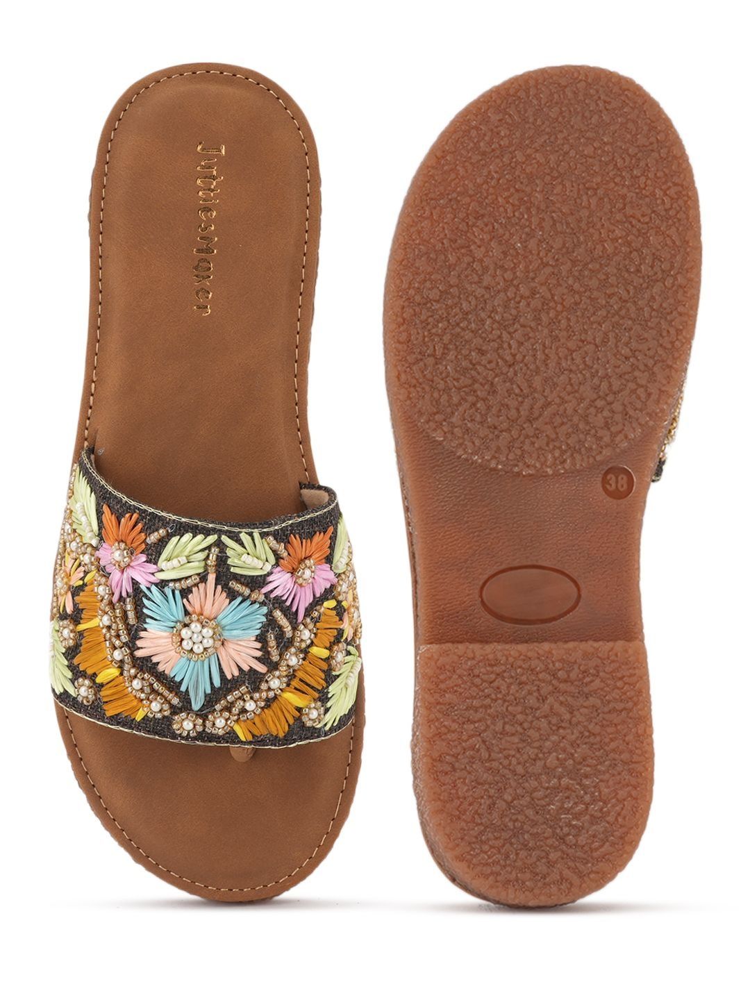 JUTTIESMAKER JUTTIESMAKER Women Embellished Open Toe Flats with Embroidered