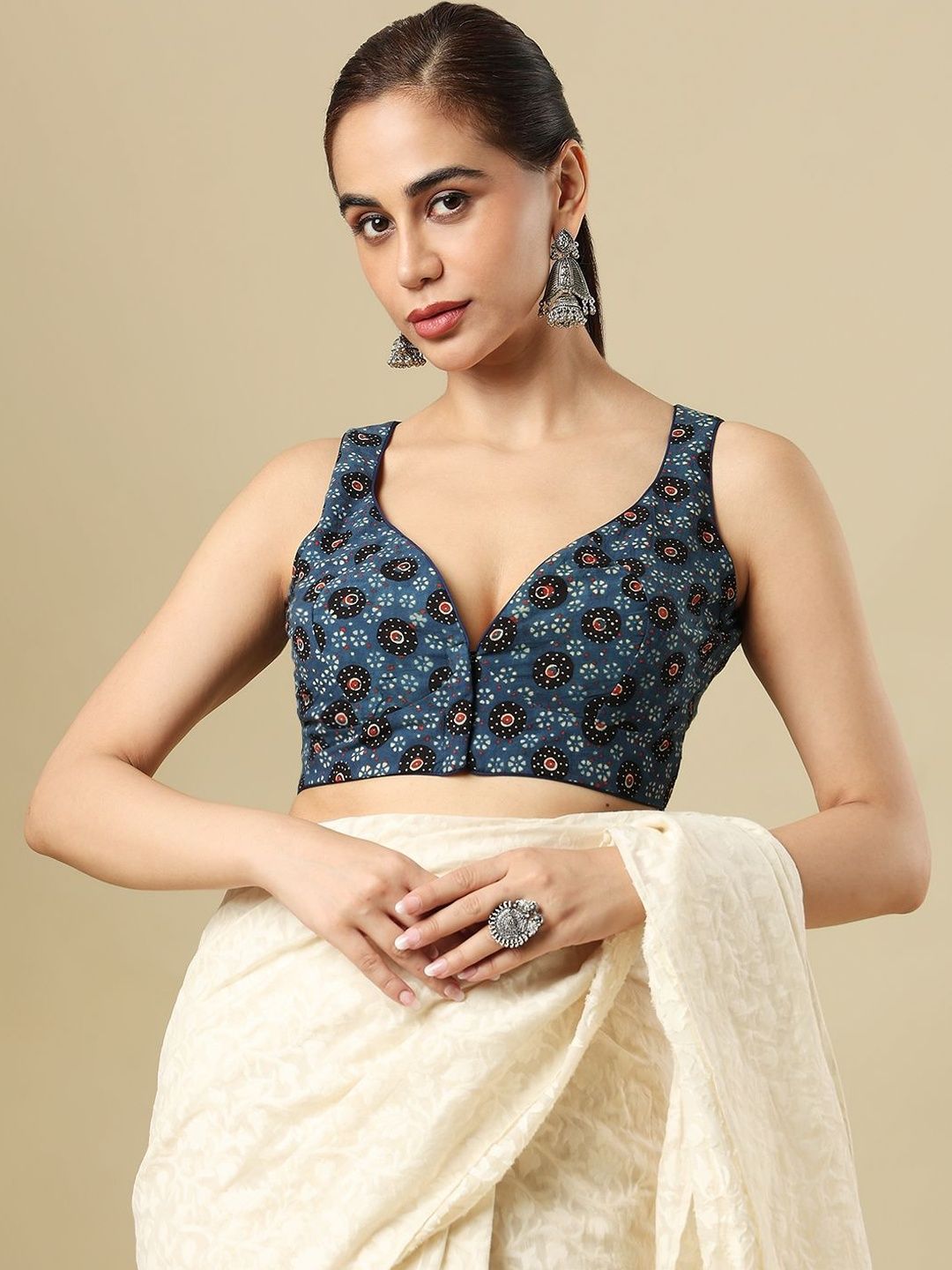 Printed Saree Blouse SALWAR STUDIO Ajrak Block Printed Cotton Sweetheart Neck Padded Saree Blouse