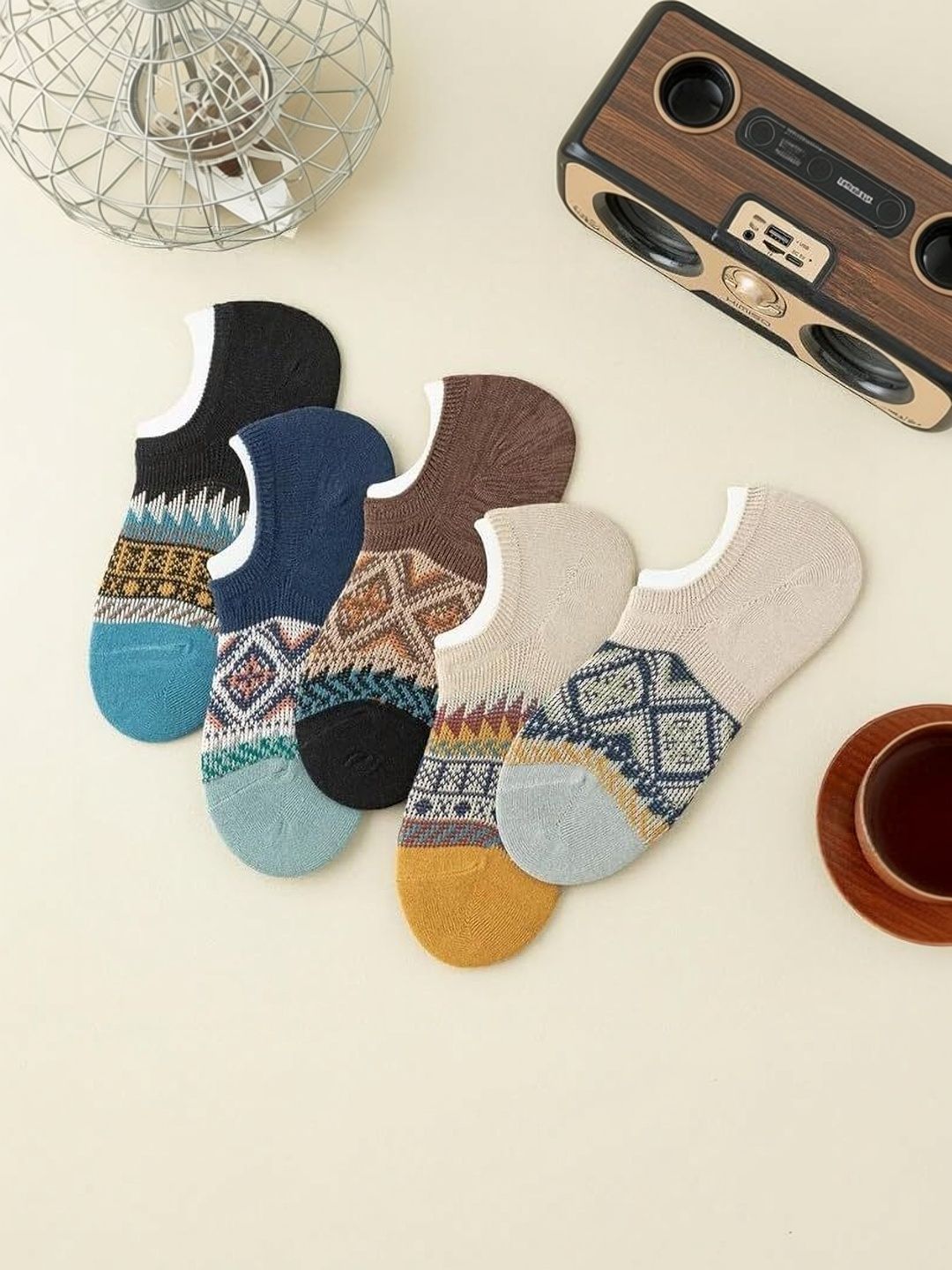 REDCARP Men Pack of 5 Cotton Patterned Shoe Liners Socks