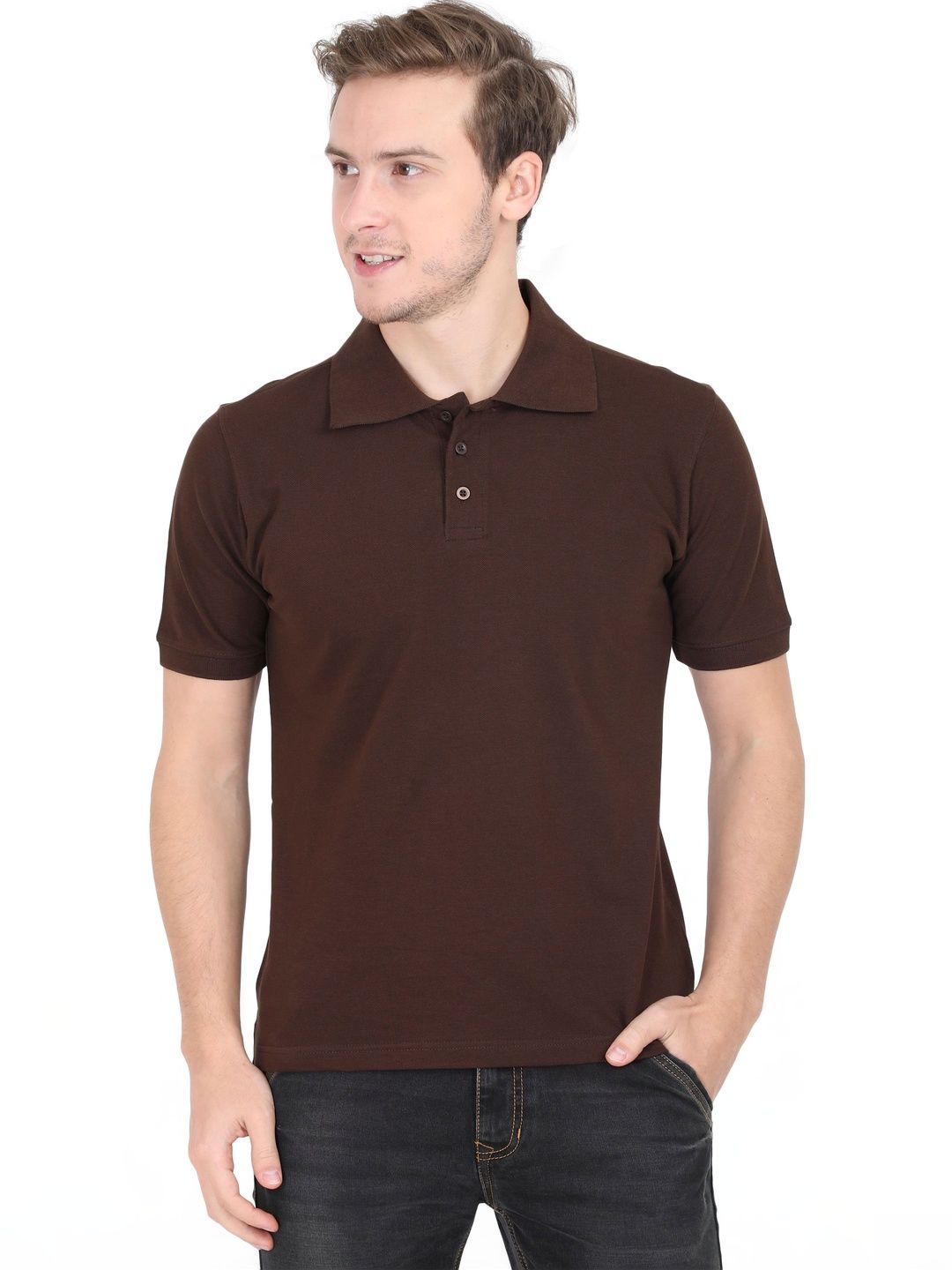RSO Outfits Men Brown Solid Cotton Polo Collar T-shirt