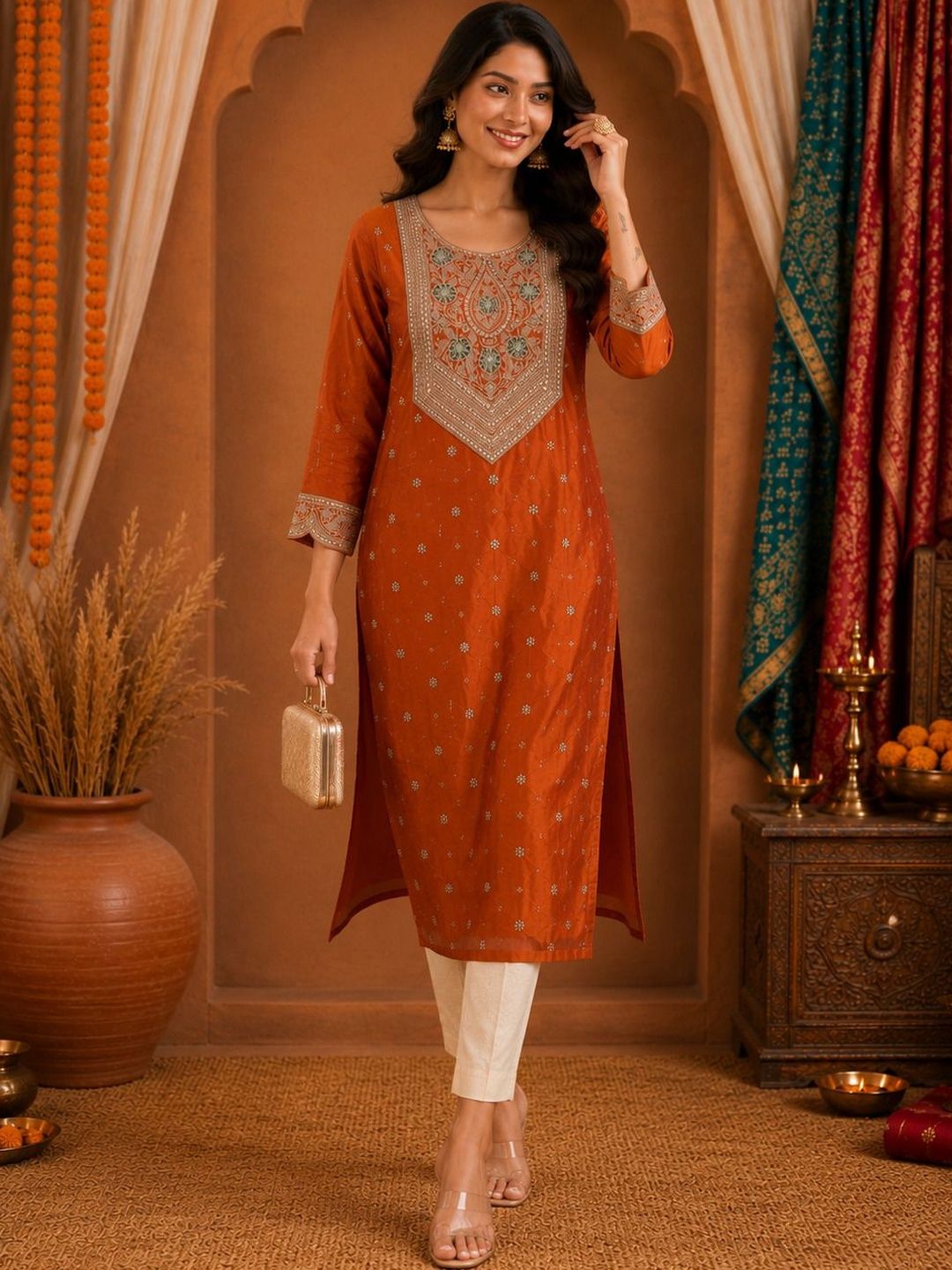 SHRI MAHAVEER RAJASTHANI SAREE Ethnic Motifs Embroidered Kurti