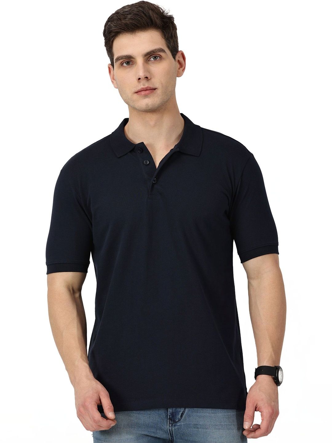 RSO Outfits Men Navy Blue Solid Cotton Polo Collar T-shirt
