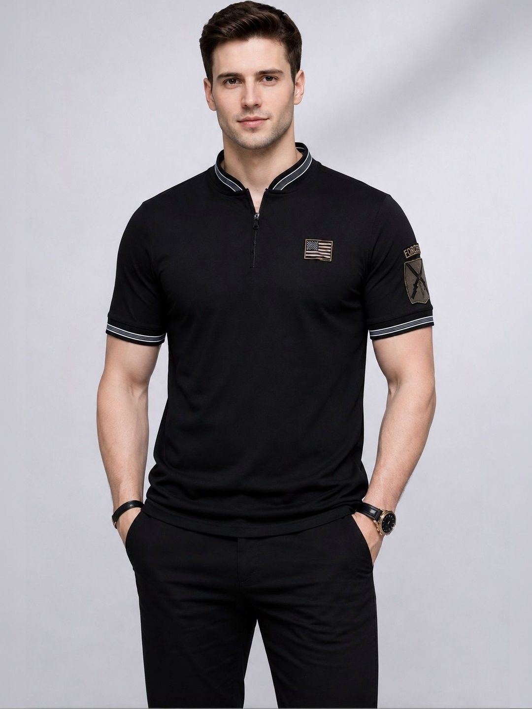 NAUGHTYMEN Men Brand Logo Polo Collar Slim Fit T-shirt