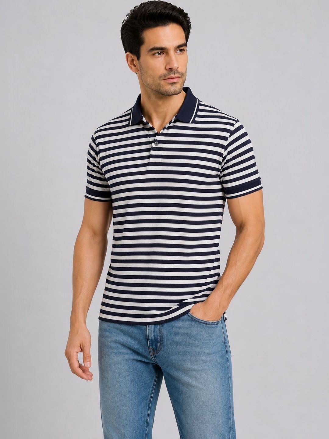 HERE&NOW Men Striped Polo Collar T-shirt