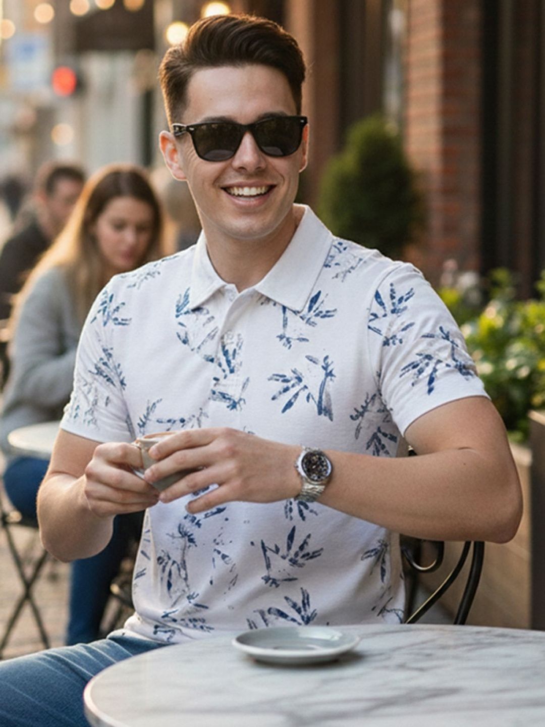 HERE&NOW Men Floral Printed Polo Collar Tropical T-shirt