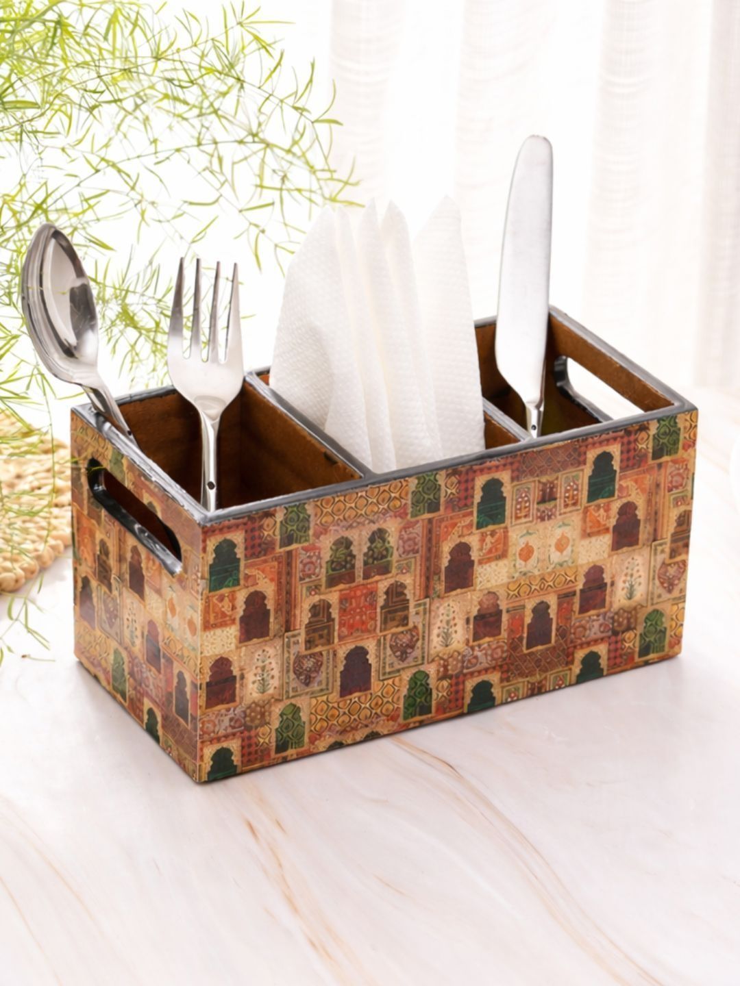 DULI Brown & Yellow Ethic Motif Printed MDF Wooden Pen Stand With 3 Sections