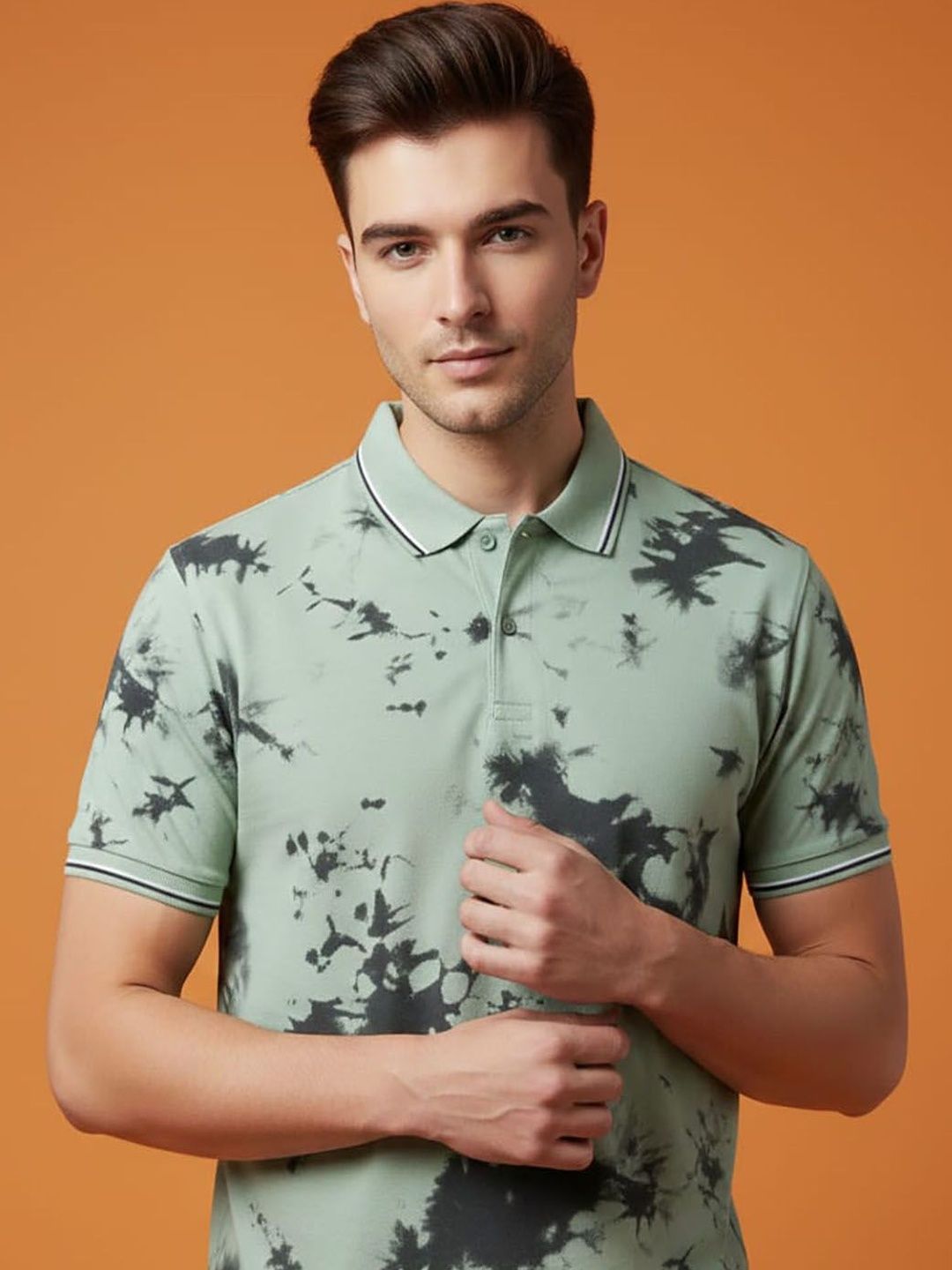 HERE&NOW Men Tie and Dye Dyed Polo Collar T-shirt