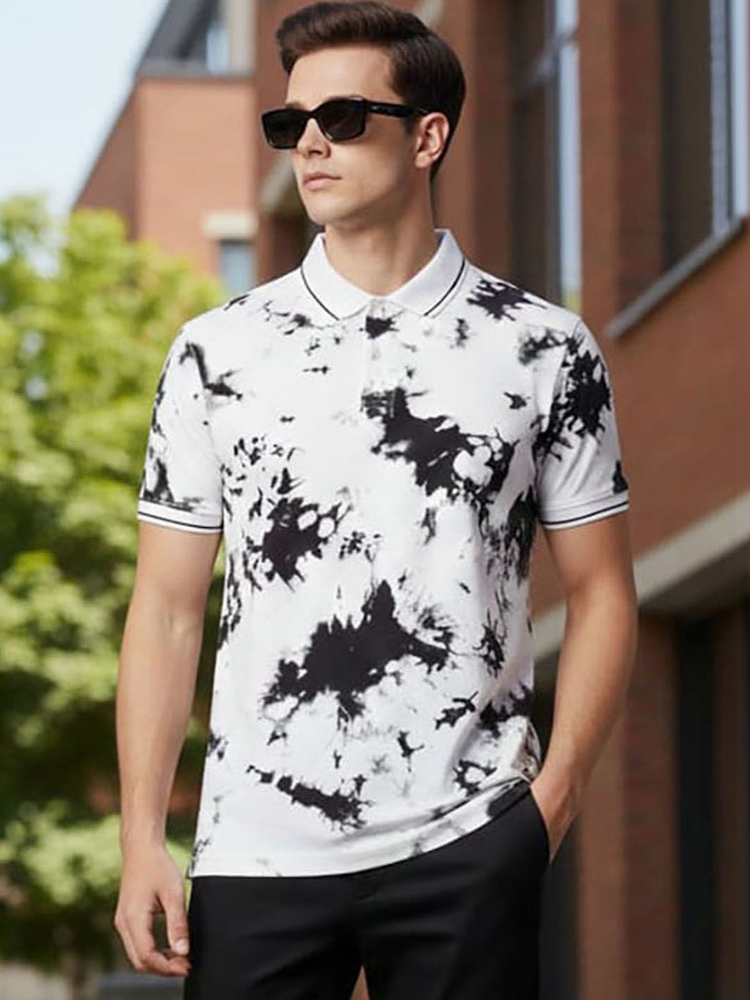 HERE&NOW Men Tie and Dye Dyed Polo Collar T-shirt