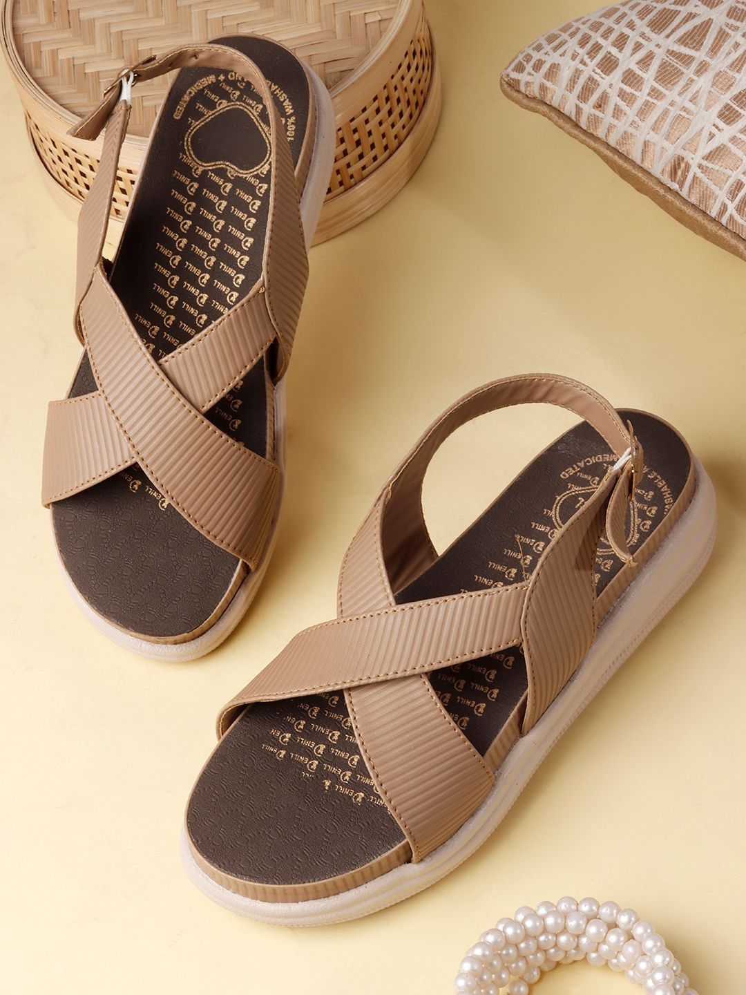 SIRDENILL Women Textured Open Toe Flats with Buckles