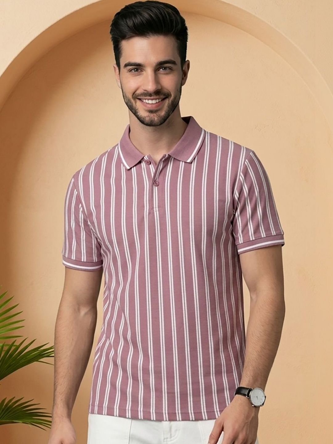 HERE&NOW Men Striped Polo Collar T-shirt