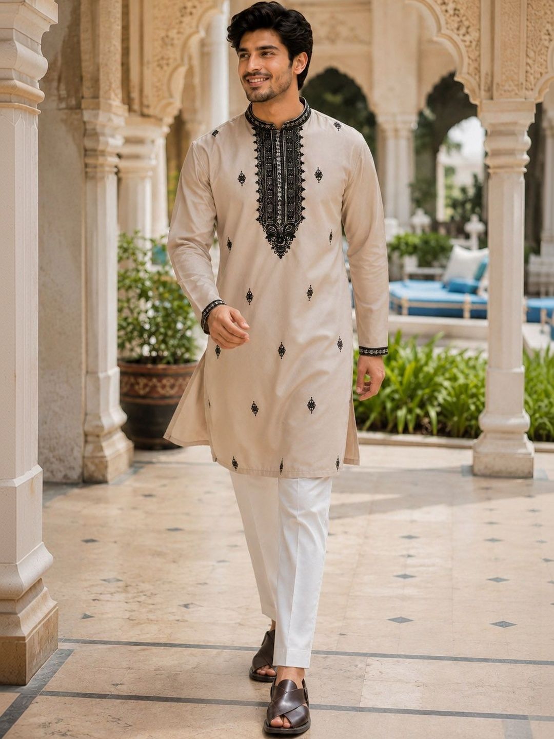 House of Pataudi Embroidered Mandarin Collar Knee Length Straight Kurta