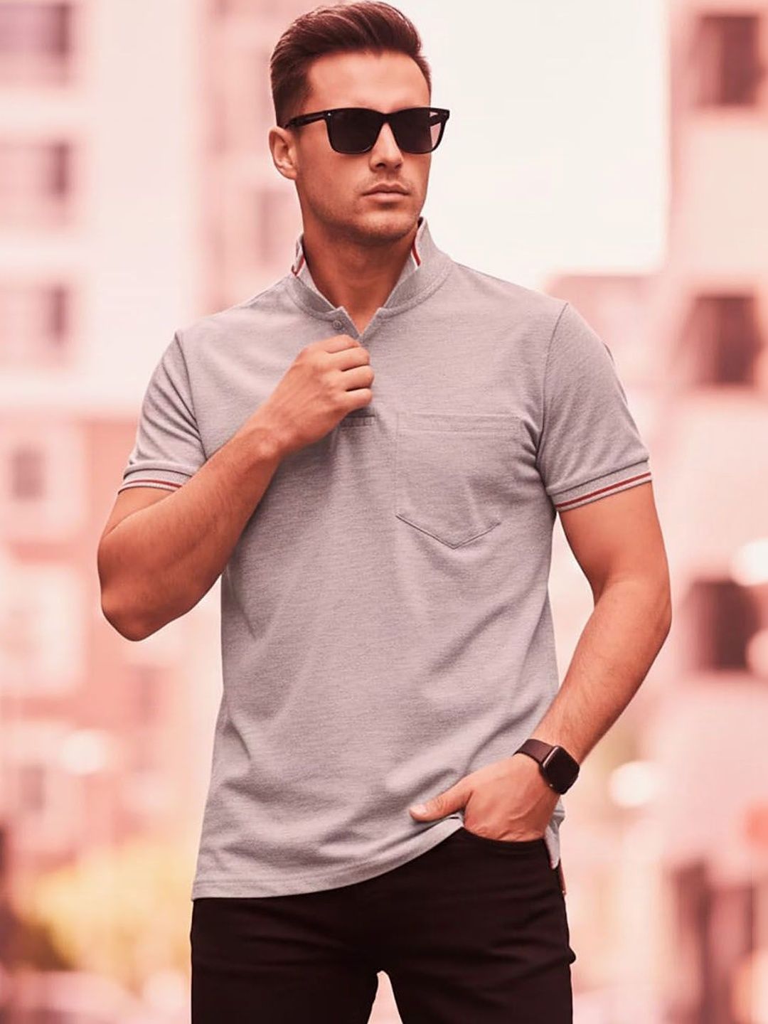 HERE&NOW Men Polo Collar Pockets T-shirt