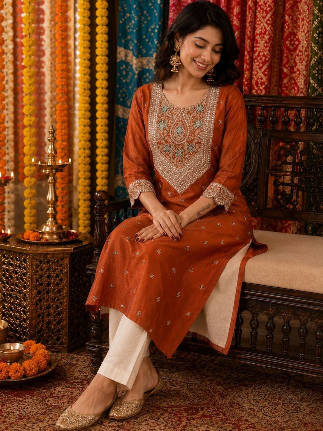 SHRI MAHAVEER RAJASTHANI SAREE Ethnic Motifs Embroidered Sequinned Sequinned Kurti