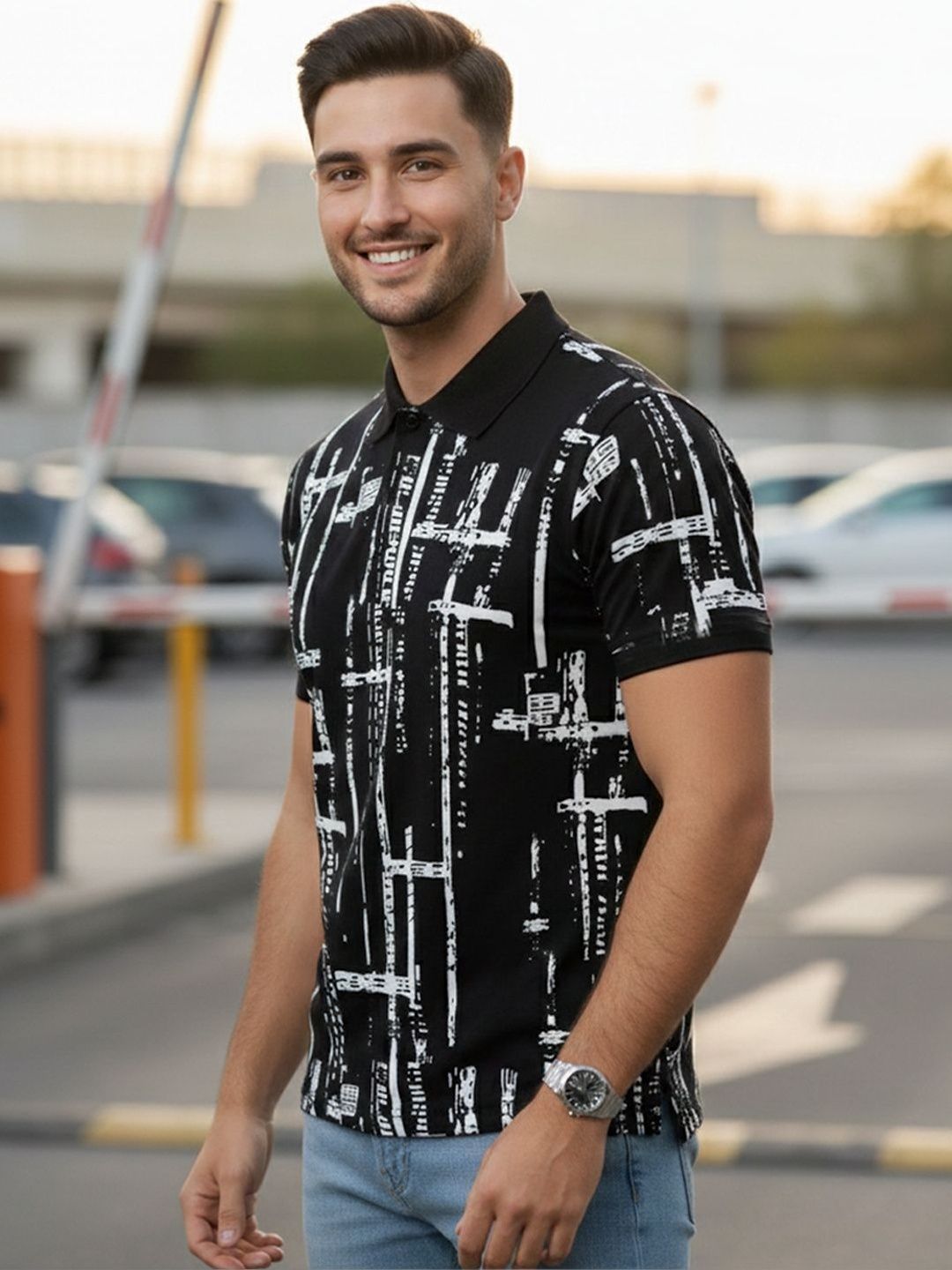 HERE&NOW Men Printed Polo Collar T-shirt