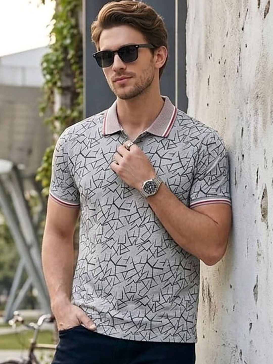HERE&NOW Men Printed Polo Collar T-shirt