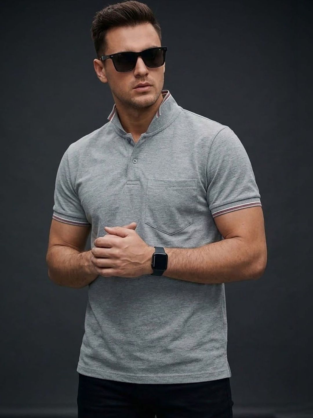 HERE&NOW Men Polo Collar Pockets T-shirt