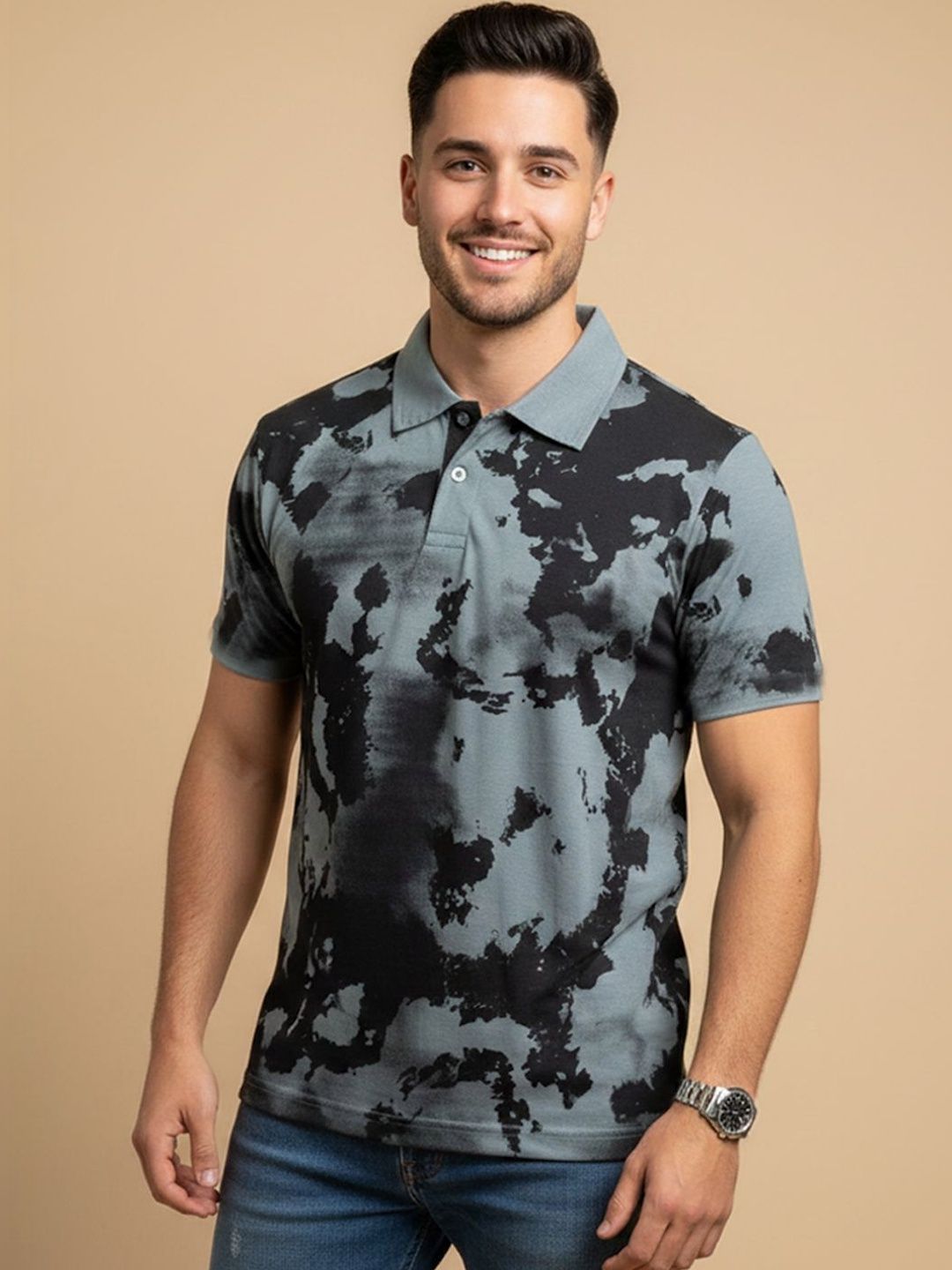 HERE&NOW Men Tie and Dye Dyed Polo Collar T-shirt