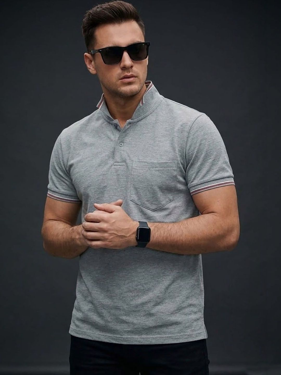 HERE&NOW Men Polo Collar Pockets T-shirt