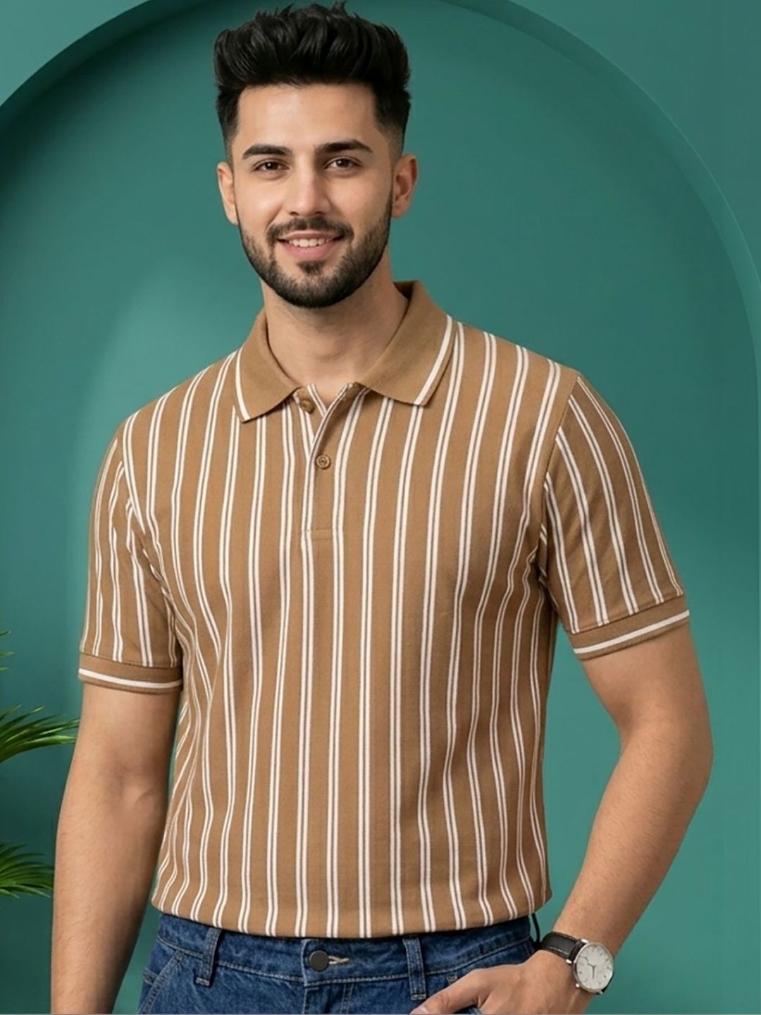 HERE&NOW Men Striped Polo Collar T-shirt