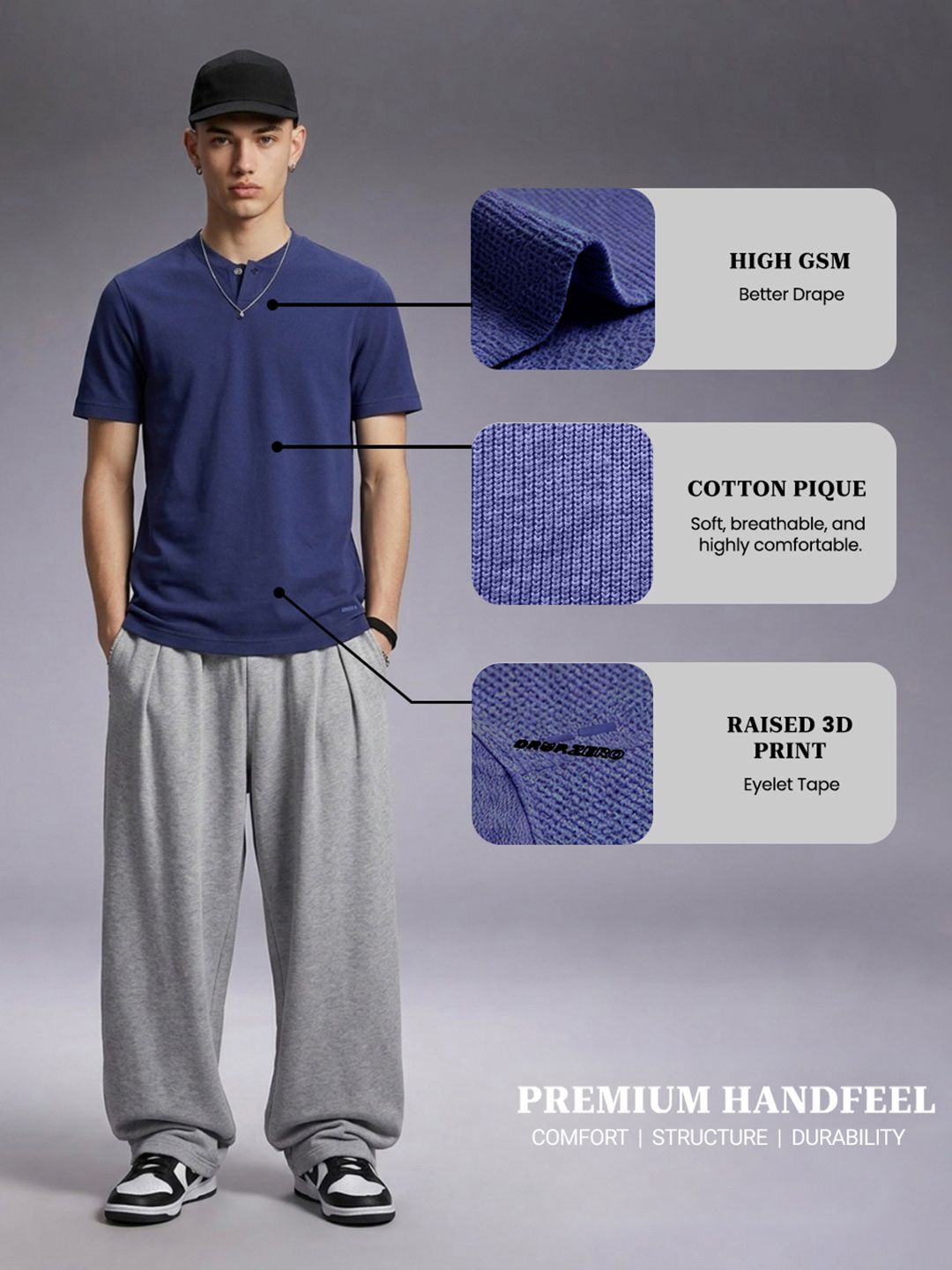 Drop Zero by Glitchez Henley Neck Cotton Pique Pure Cotton T-shirt
