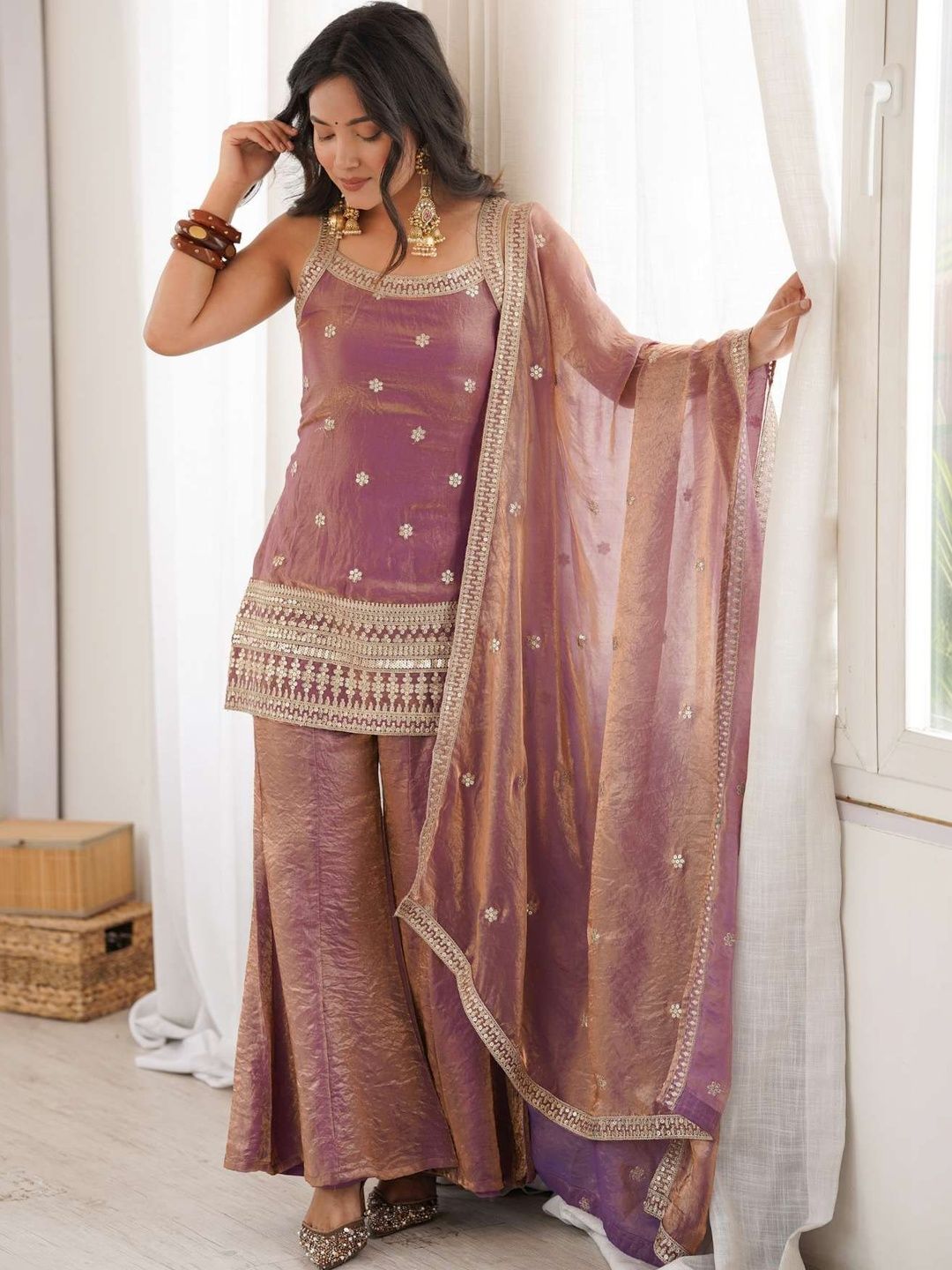 SAJAVAT ETHENIC WEAR SAJAVAT ETHENIC WEAR Women Ethnic Motifs Embroidered Regular Thread Work Kurta with Sharara & With Dupatta