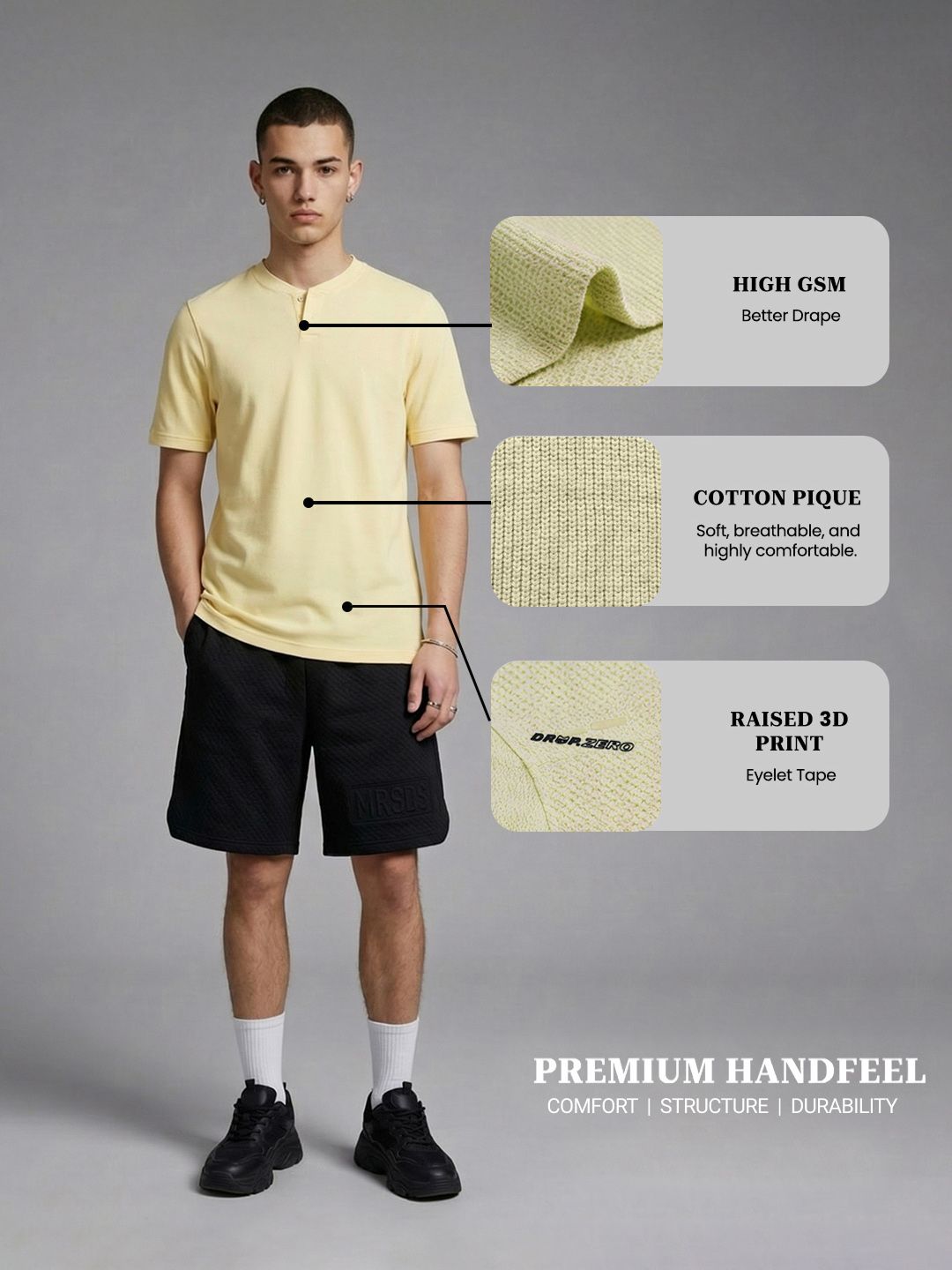 Drop Zero by Glitchez Henley Neck Cotton Pique Pure Cotton T-shirt