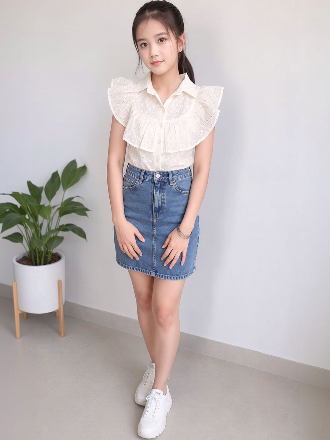 HERE&NOW Embellished Embroidered Ruffles Cotton Blend Top