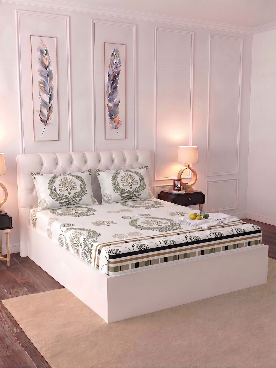 Raymond Home Raymond Home White Ethnic Motifs Bedsheet with 2 Pillow Covers