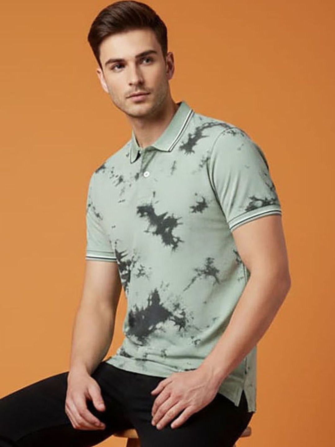 HERE&NOW Men Tie and Dye Dyed Polo Collar T-shirt
