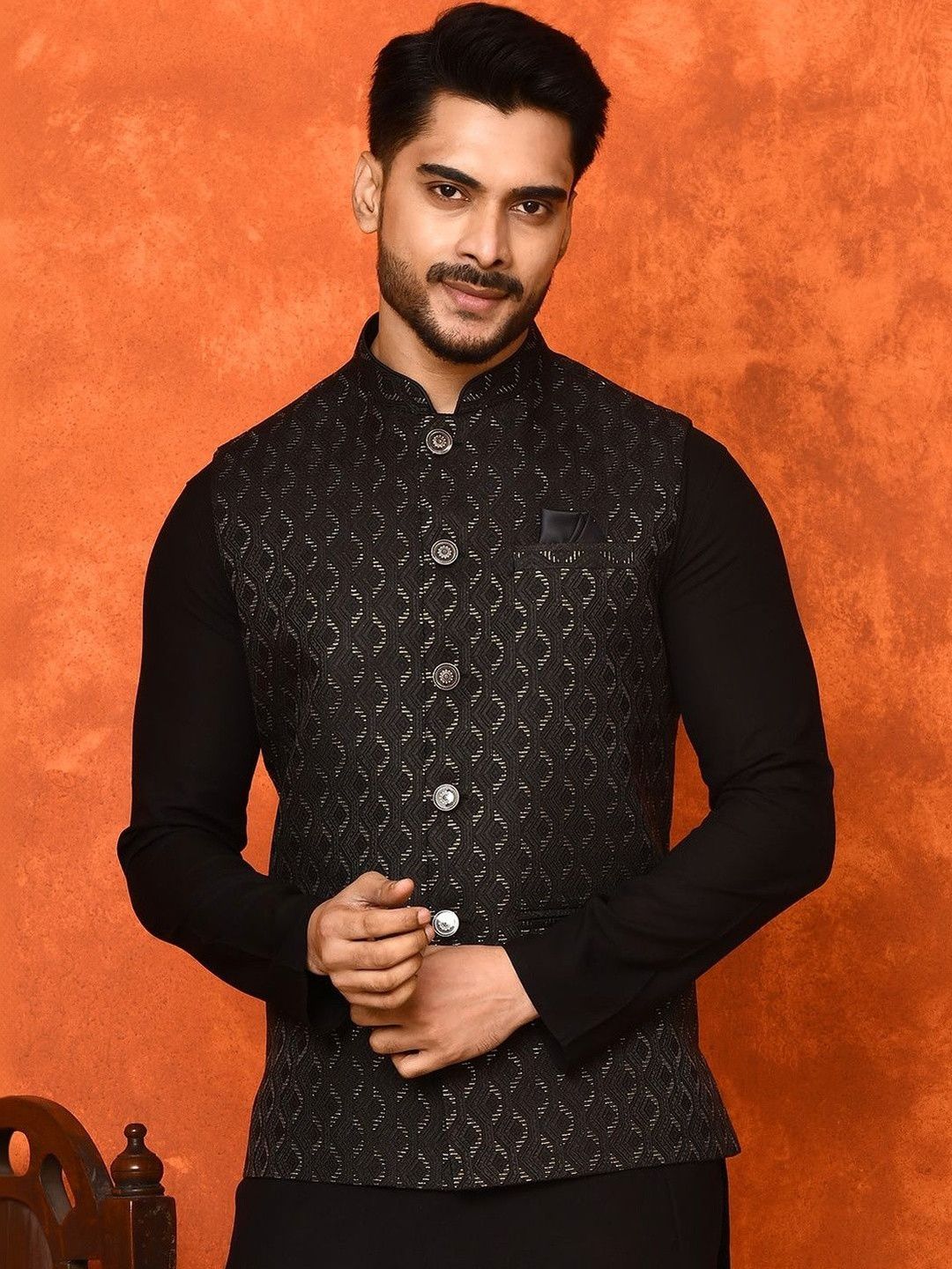 WANAS Men Woven Design Premium Jacquard Nehru Jacket
