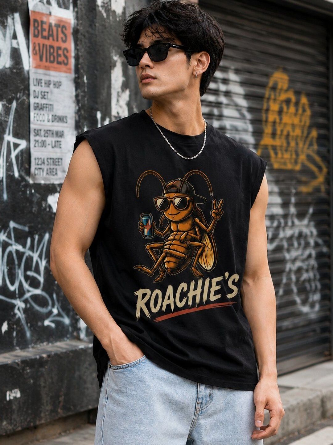 Bene Kleed Men Black Graphic Oversized Sleeveless T-Shirt