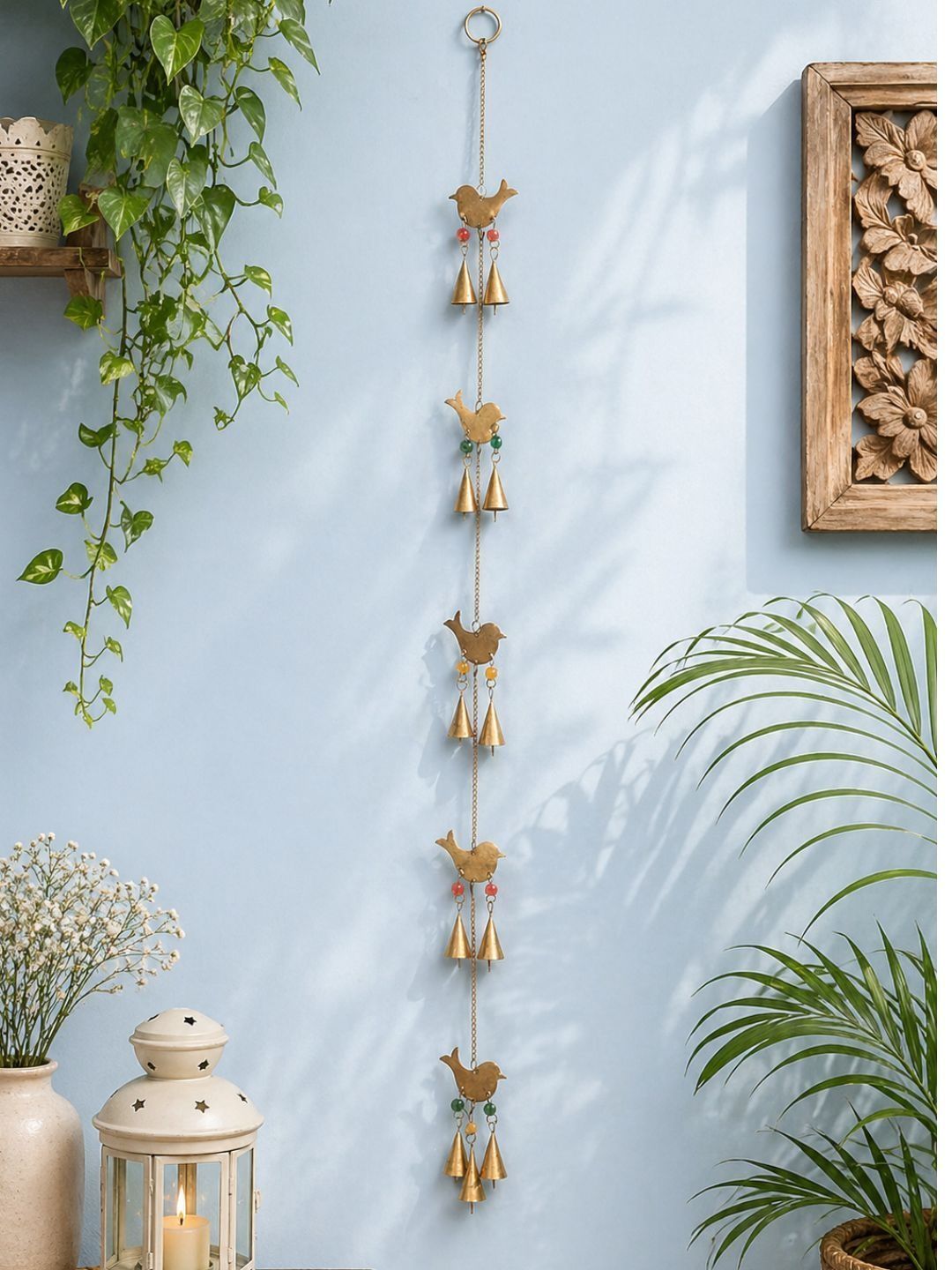 DULI Gold-Toned Metal Bird With Bell Hanging Windchimes