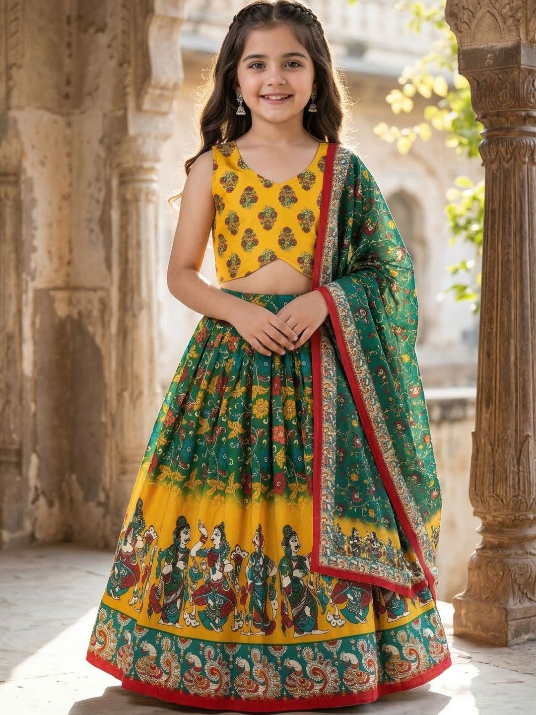 KALINI Girls Printed Beads and Stones Kalamkari Semi-Stitched Lehenga & Blouse With Dupatta