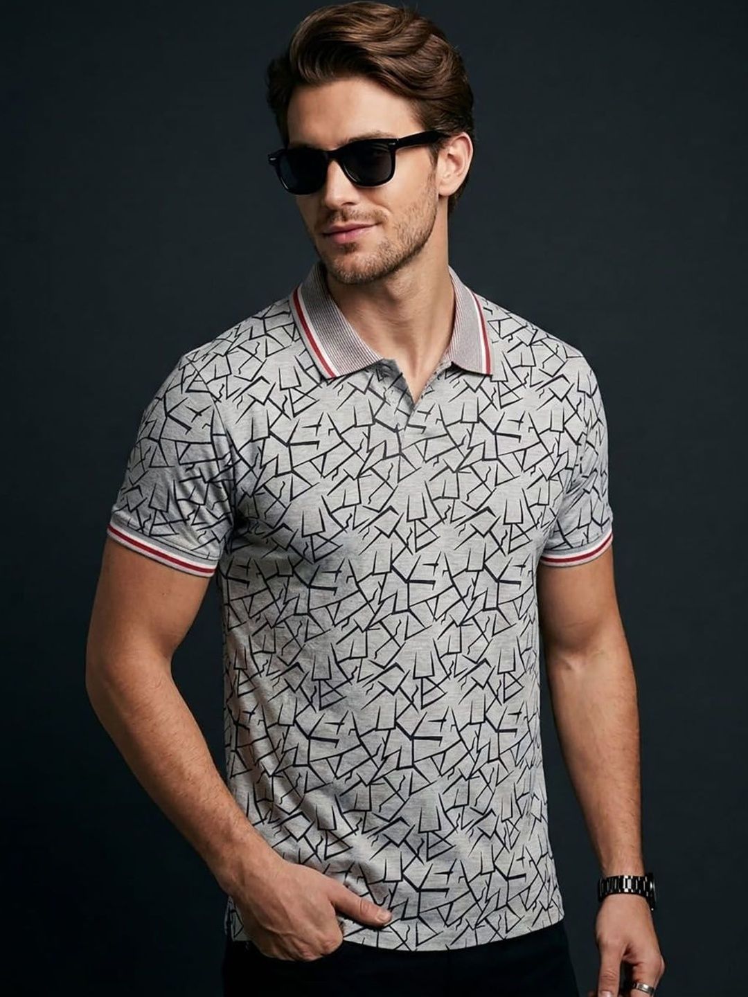 HERE&NOW Men Printed Polo Collar T-shirt