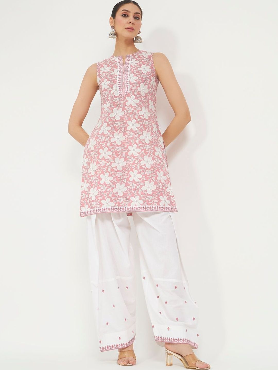 Women Printed Kurti with Palazzos FIORRA Women Floral Printed Regular Chikankari Pure Cotton Kurti with Palazzos